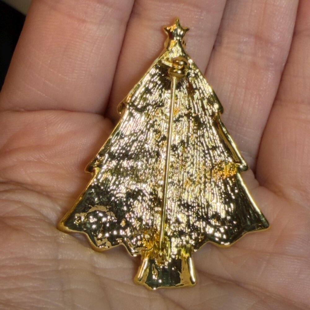 Christmas Tree Brooch Enamel Red Rhinestone Holiday Pin 2 Inch RARE - Picture 5 of 5